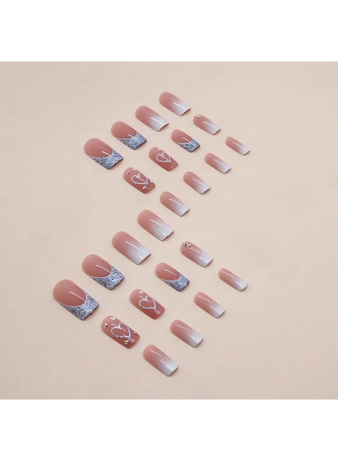 SINSEN Square Press On Nails Medium Length French Tip Press On Nails Heart Deign Glossy Pink Fake Nails With Adhesive Glue Stickers Reusable Stick On Nails In 12 Sizes 24 Pcs Medium French Nails - Image 3