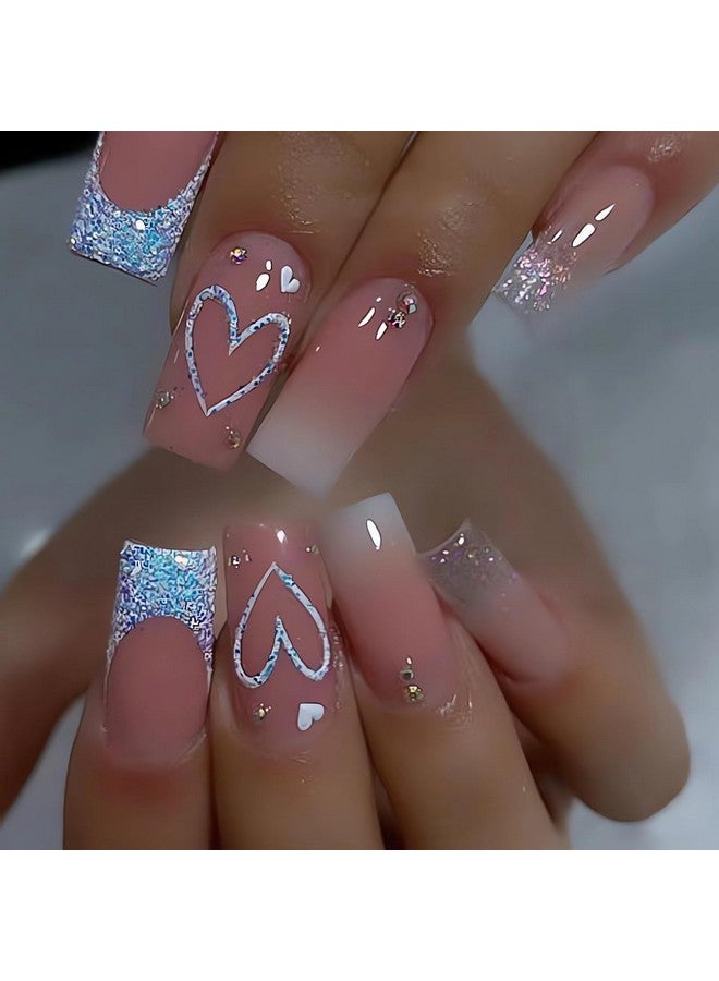 SINSEN Square Press On Nails Medium Length French Tip Press On Nails Heart Deign Glossy Pink Fake Nails With Adhesive Glue Stickers Reusable Stick On Nails In 12 Sizes 24 Pcs Medium French Nails - Image 1