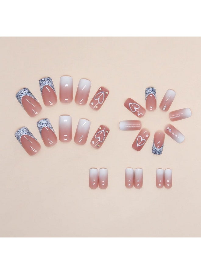 SINSEN Square Press On Nails Medium Length French Tip Press On Nails Heart Deign Glossy Pink Fake Nails With Adhesive Glue Stickers Reusable Stick On Nails In 12 Sizes 24 Pcs Medium French Nails - Image 4