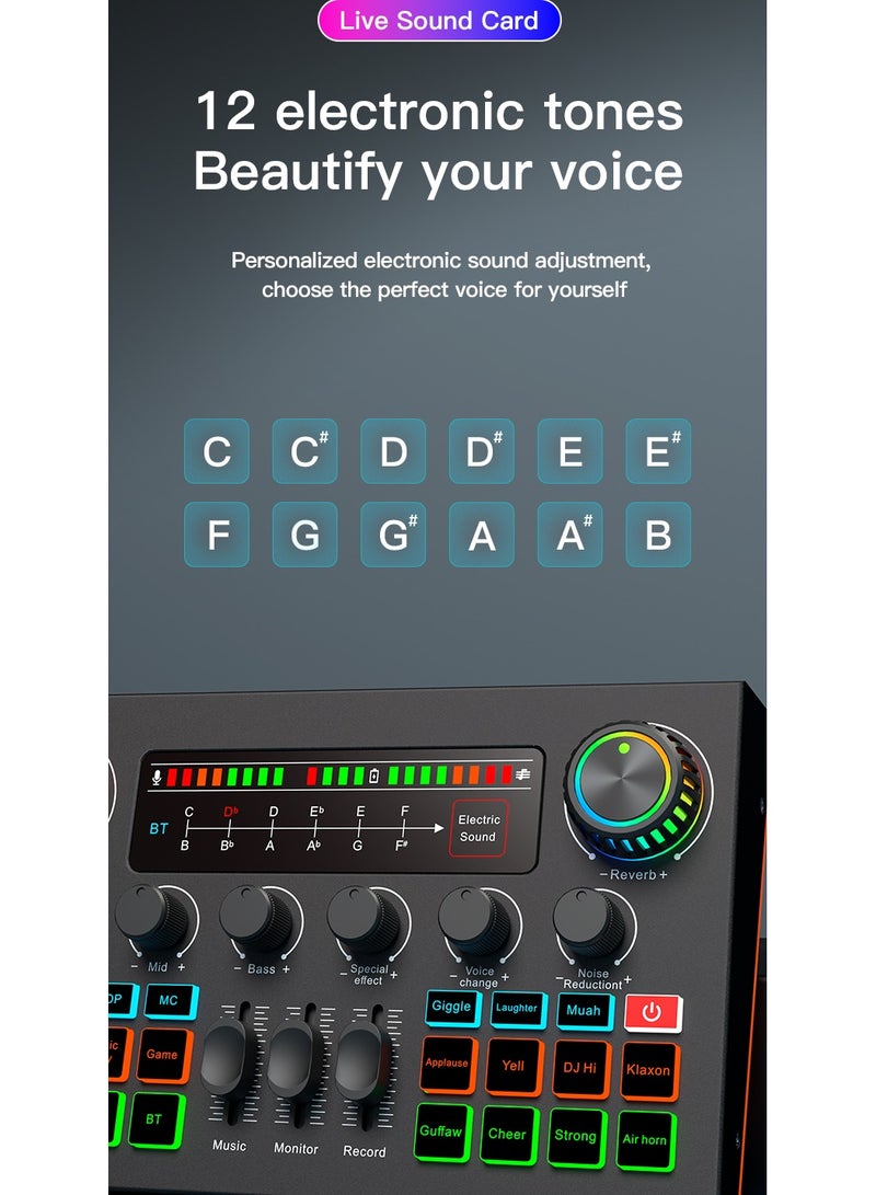 F999 Ultra Professional Sound Card, Universal for Phones and Computers, Live Broadcast, Recording and Karaoke Device, 12 Sound Effects Adjustment, DJ Mixer, Voice Changer and Noise Reduction Adjustment, Suitable for Live Broadcast, Music Recording, Guitar Playing, Voice Changer Function, Compatible with TikTok/Facebook/YouTube/Podcast/Game Recording, USB and Bluetooth Supported - Image 2