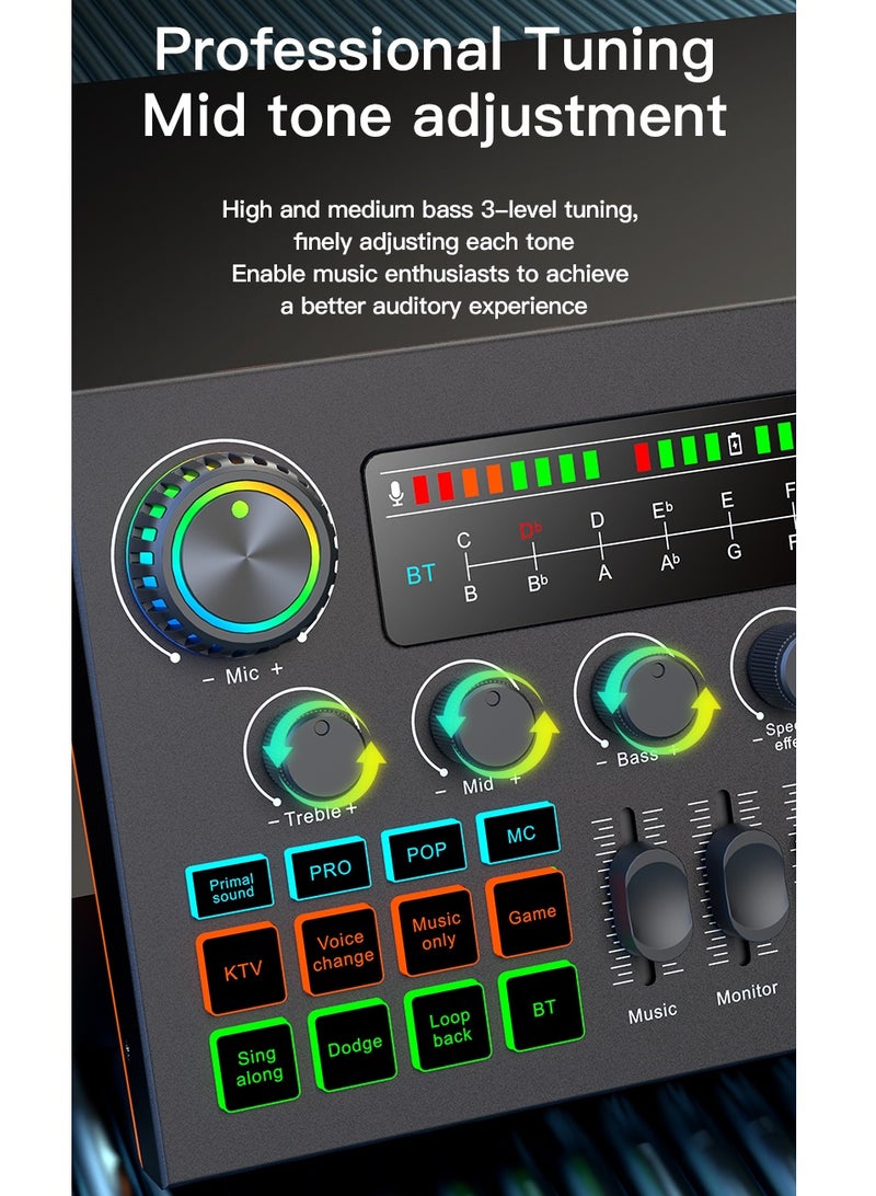 F999 Ultra Professional Sound Card, Universal for Phones and Computers, Live Broadcast, Recording and Karaoke Device, 12 Sound Effects Adjustment, DJ Mixer, Voice Changer and Noise Reduction Adjustment, Suitable for Live Broadcast, Music Recording, Guitar Playing, Voice Changer Function, Compatible with TikTok/Facebook/YouTube/Podcast/Game Recording, USB and Bluetooth Supported - Image 5