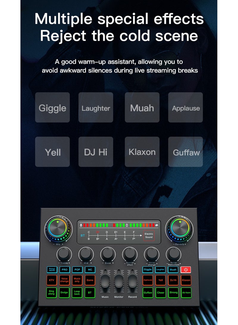 F999 Ultra Professional Sound Card, Universal for Phones and Computers, Live Broadcast, Recording and Karaoke Device, 12 Sound Effects Adjustment, DJ Mixer, Voice Changer and Noise Reduction Adjustment, Suitable for Live Broadcast, Music Recording, Guitar Playing, Voice Changer Function, Compatible with TikTok/Facebook/YouTube/Podcast/Game Recording, USB and Bluetooth Supported - Image 3