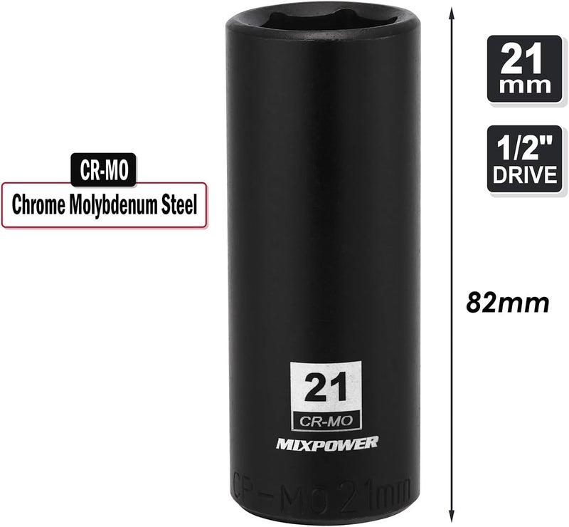 MIXPOWER 2 Pieces 1/2 Inch Drive Deep Impact Socket, CR-MO, 21mm, 6 Point, Radius Corner Design, Axle Nut Impact Grade Socket for Easy Removal, 2PCS Set - Image 5