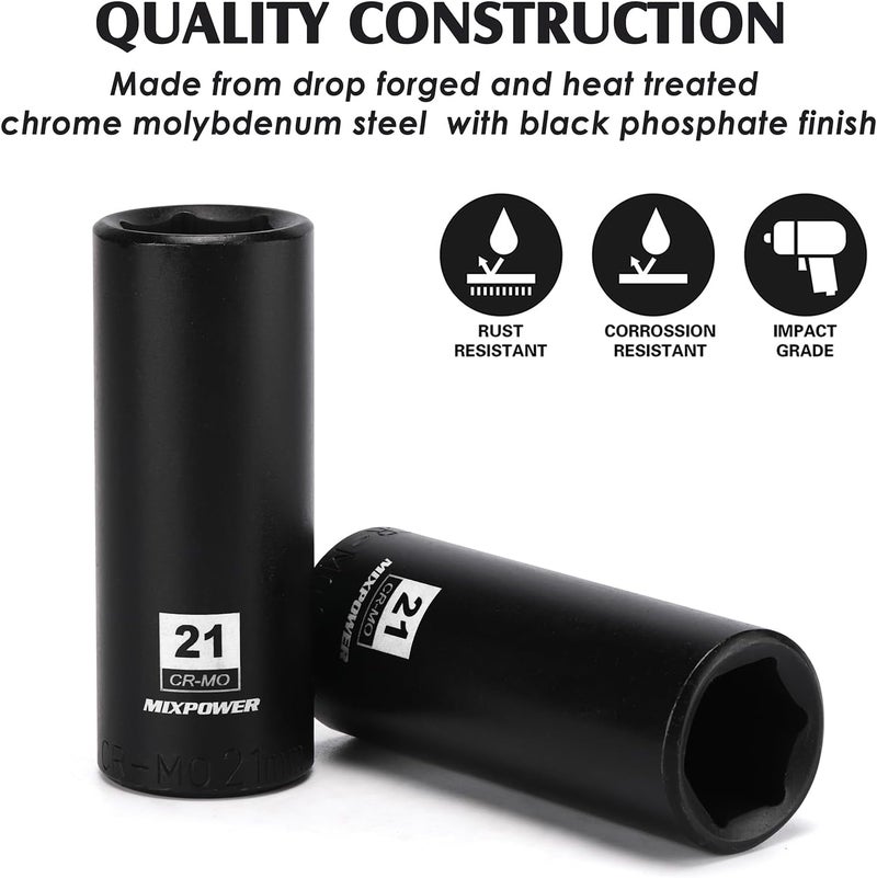 MIXPOWER 2 Pieces 1/2 Inch Drive Deep Impact Socket, CR-MO, 21mm, 6 Point, Radius Corner Design, Axle Nut Impact Grade Socket for Easy Removal, 2PCS Set - Image 4