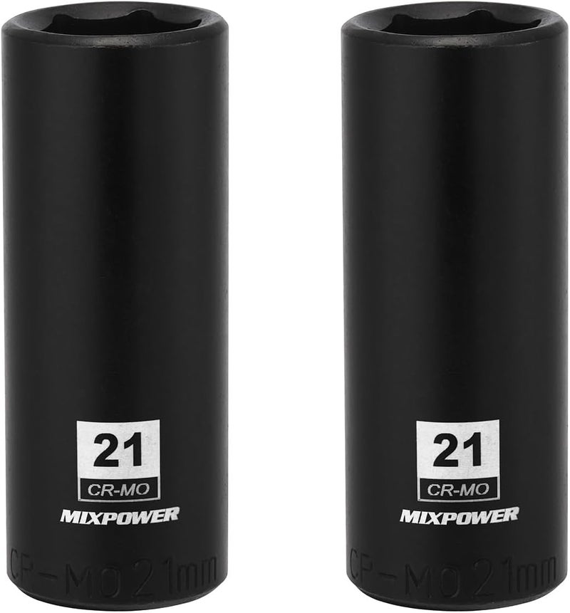 MIXPOWER 2 Pieces 1/2 Inch Drive Deep Impact Socket, CR-MO, 21mm, 6 Point, Radius Corner Design, Axle Nut Impact Grade Socket for Easy Removal, 2PCS Set - Image 1
