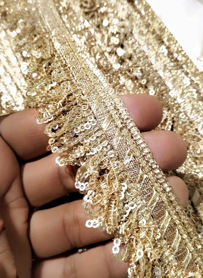 LACESNMORE Golden lace Kiran jhalar with Sequence Frill Trim for Home Decor, Crafts and Gift Wrapping, Multiple Uses, Dupatta Jhalar Kiran Fringe lace 9meter (Light Golden (palmet)-9meter) - Image 1