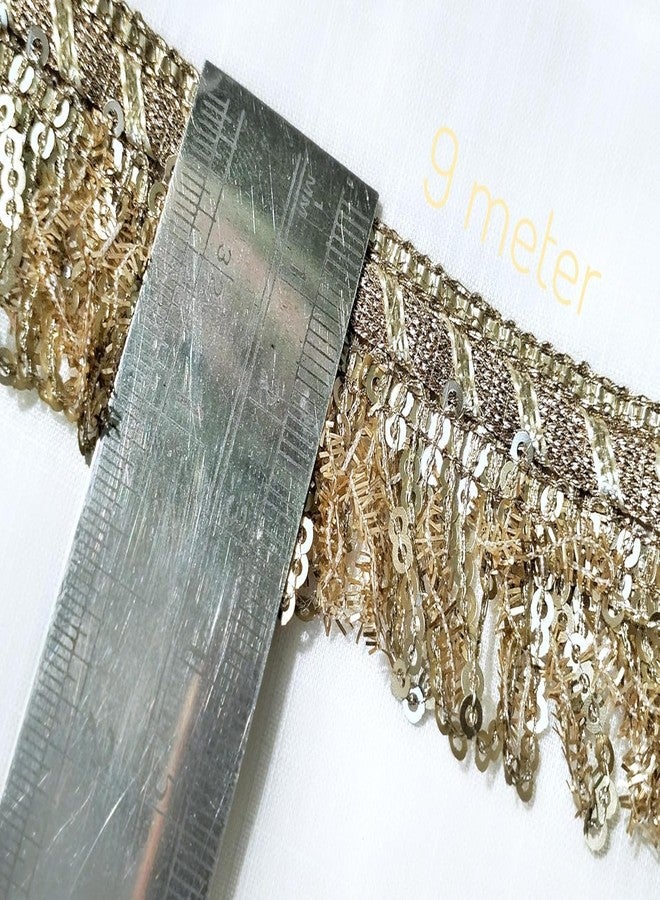 LACESNMORE Golden lace Kiran jhalar with Sequence Frill Trim for Home Decor, Crafts and Gift Wrapping, Multiple Uses, Dupatta Jhalar Kiran Fringe lace 9meter (Light Golden (palmet)-9meter) - Image 3