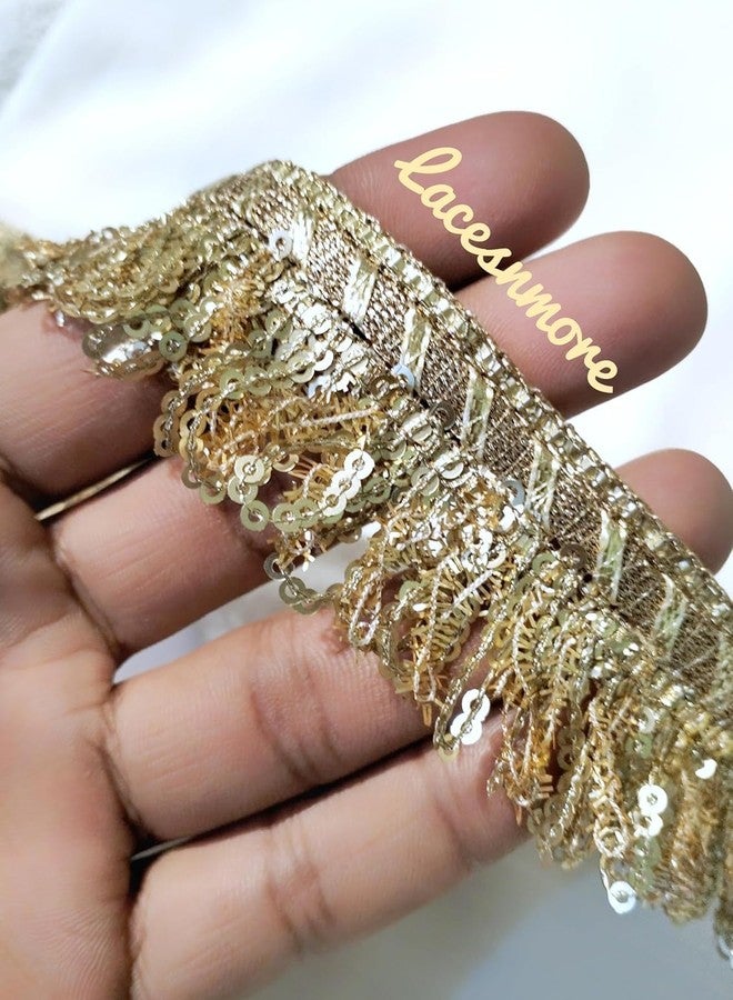 LACESNMORE Golden lace Kiran jhalar with Sequence Frill Trim for Home Decor, Crafts and Gift Wrapping, Multiple Uses, Dupatta Jhalar Kiran Fringe lace 9meter (Light Golden (palmet)-9meter) - Image 2