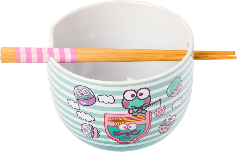 Silver Buffalo Sanrio Hello Kitty and Friends Keroppi Fishing Green Stripes Ceramic Ramen Noodle Rice Bowl with Chopsticks Microwave Safe 20 Ounces - Image 1
