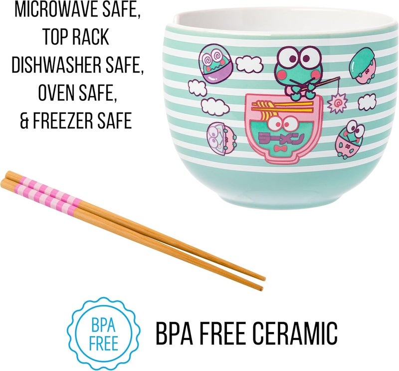 Silver Buffalo Sanrio Hello Kitty and Friends Keroppi Fishing Green Stripes Ceramic Ramen Noodle Rice Bowl with Chopsticks Microwave Safe 20 Ounces - Image 3