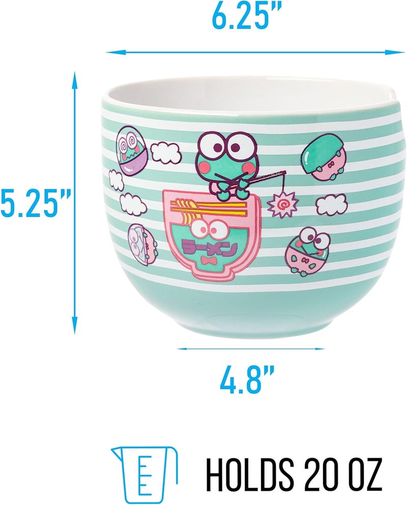 Silver Buffalo Sanrio Hello Kitty and Friends Keroppi Fishing Green Stripes Ceramic Ramen Noodle Rice Bowl with Chopsticks Microwave Safe 20 Ounces - Image 2