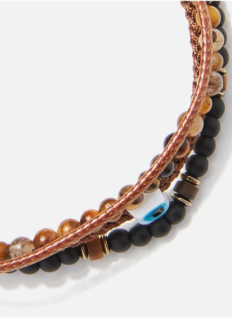 CHRYSOSTOMOS Handmade Multiline Adjustable Bracelet for Men with Natural Brown, Black Onyx & Tiger’s Eye Ring