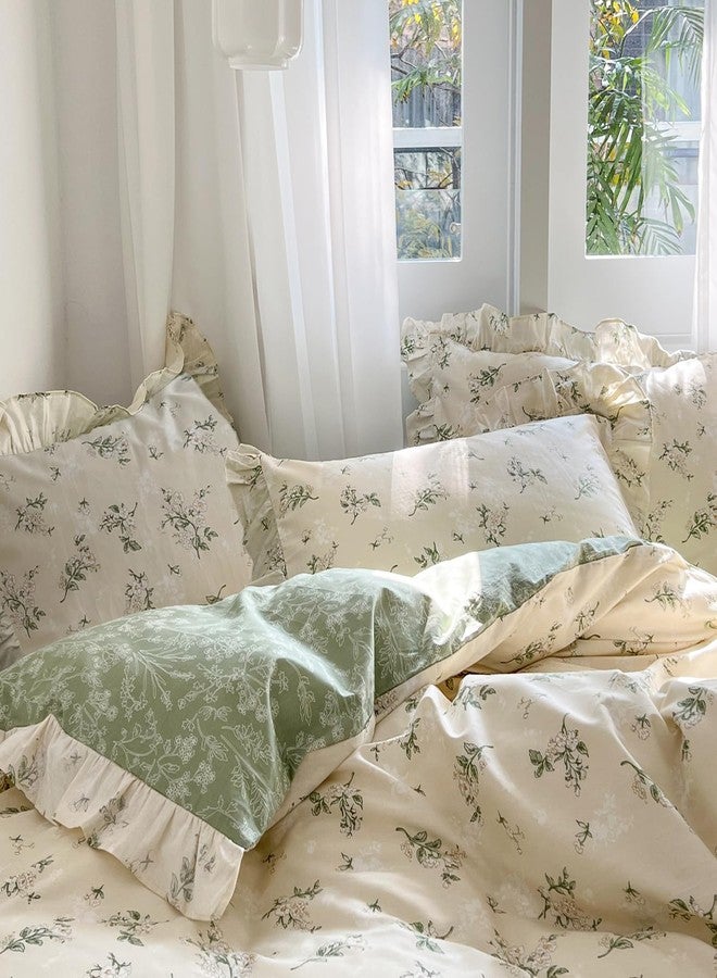 MKXI Botanical Floral Duvet Cover Twin Beige Girls Floral Ruffled Bedding Set Cottagecore Flower Comforter Cover Green Reversible Aesthetic Bed Set Cotton Elegant Style Students Duvet Cover - Image 3