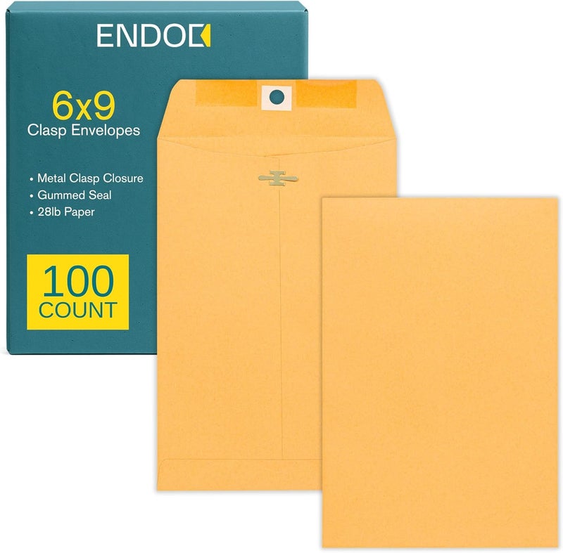 EnDoc 6x9 Clasp Envelopes – 100 Pack Brown Kraft Catalog Envelopes with Clasp Closure & Gummed Seal – 28lb Heavyweight Paper Mailing Manila Envelopes for Home, Office, Business, Legal or School - Image 1