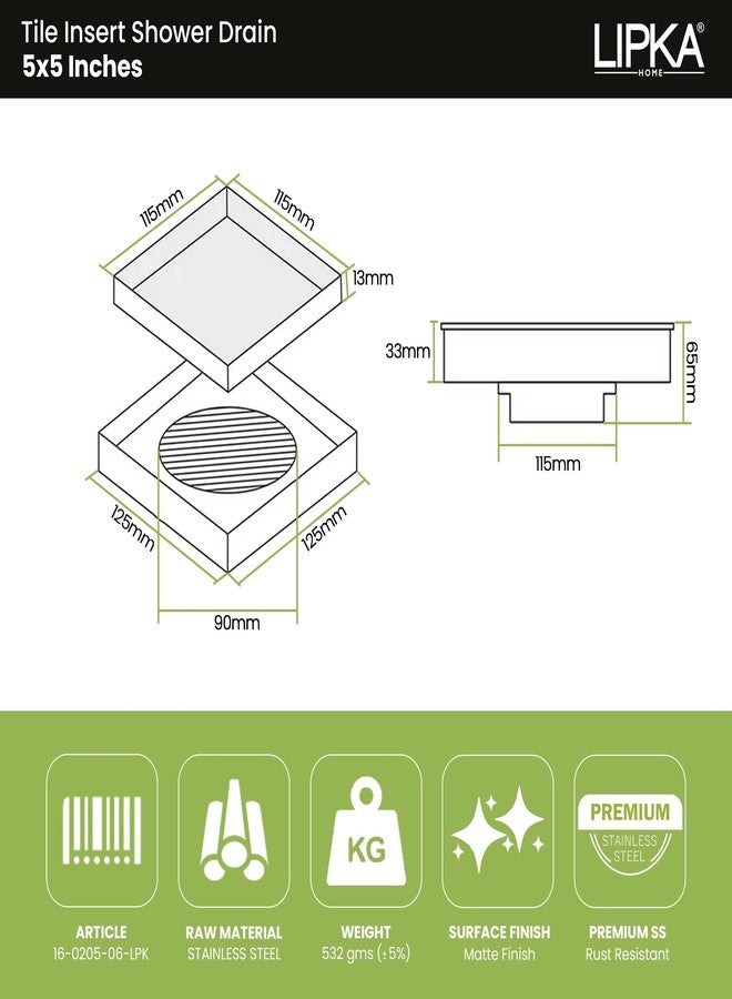 Lipka Tile Insert Floor Drain | 5 x 5 Inches | Premium Grade Stainless Steel Invisible Shower Drain Channel | Waste Water Floor Drain for 13mm Tile with Cockroach Trap | Square Tile Insert Floor Drain - Image 2