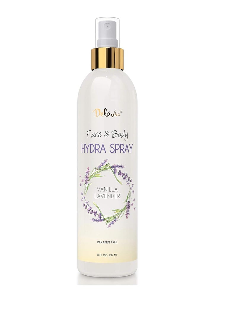 deluvia Deluvia Hydra Spray, Moisturizing Body Spray and Face Mist with Essential Oils, Organic Aloe Vera, Dead Sea Salts, Provitamin A, Vitamin C. Alcohol Free, Paraben Free. (Vanilla Lavender) - Image 1