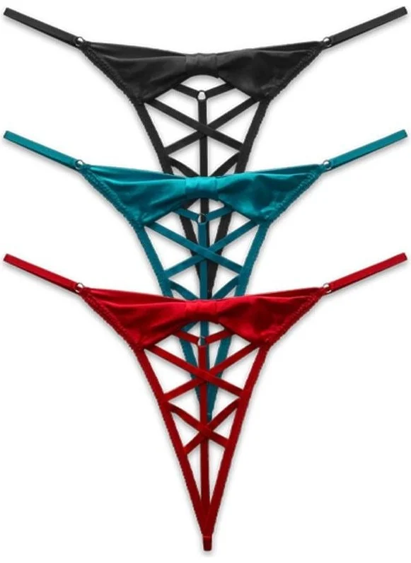 كوتن هيل Satin Open Private Area Adjustable Elastic Women's String Panties 3-Pack