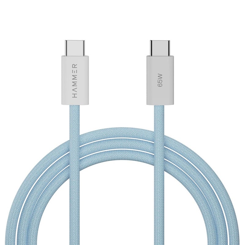 Hammer Type C to Type C Cable 65W Braided, PD Fast Charging, Data Sync, 1.5 Meter Tangle Free Wire, Compatible with all C-Type Enabled Devices (Blue) - Image 1