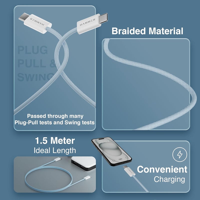 Hammer Type C to Type C Cable 65W Braided, PD Fast Charging, Data Sync, 1.5 Meter Tangle Free Wire, Compatible with all C-Type Enabled Devices (Blue) - Image 2