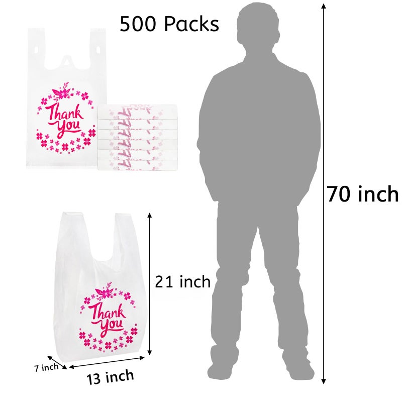 ZENFUN 500 Pack Thank You T Shirt Bag, 15 Mic, 0.6 Mil Bulk White Shopping Bag with Handles, Plastic Grocery Bags To-go for Small Business, Retail, Restaurant, Takeout, 13 x 7 x 21 Inches - Image 2