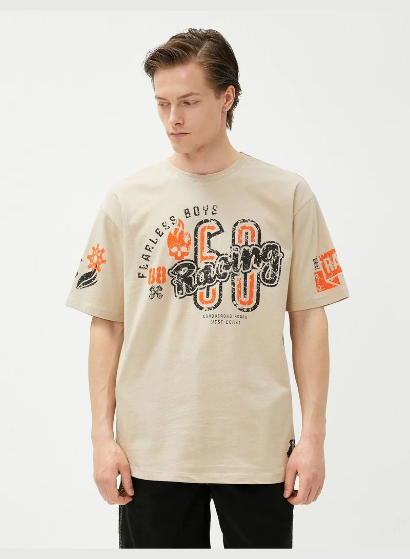 KOTON Oversized T-Shirt Printed Race Themed Crew Neck Cotton