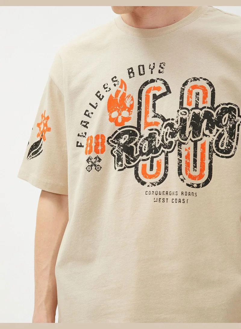 KOTON Oversized T-Shirt Printed Race Themed Crew Neck Cotton