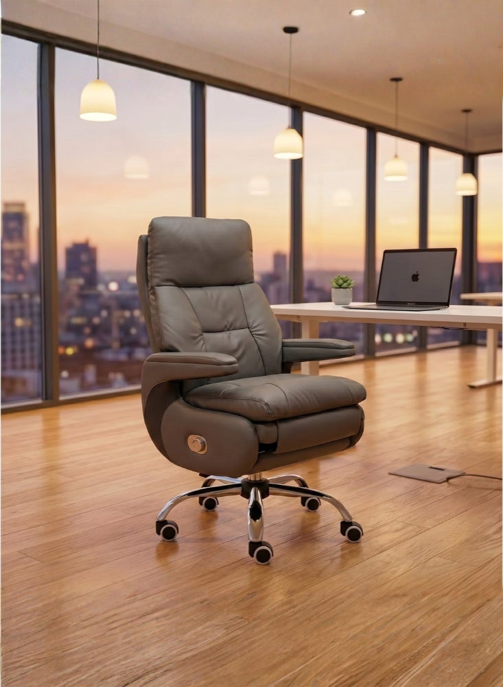 Karnak Malaya Executive Electric Boss Chair | Comfortable Leather Ergonomic Office Recliner with Swivel Rolling Adjustable Headrest, Footrest and Lumbar Support for Office (Grey) - Image 1