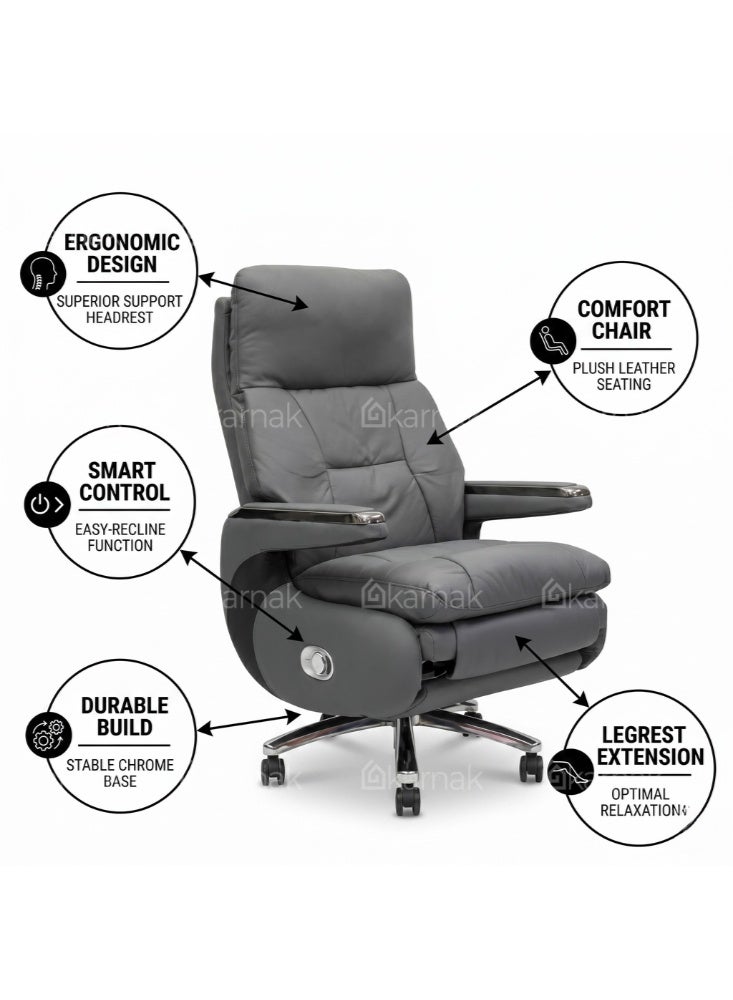 Karnak Malaya Executive Electric Boss Chair | Comfortable Leather Ergonomic Office Recliner with Swivel Rolling Adjustable Headrest, Footrest and Lumbar Support for Office (Grey) - Image 3