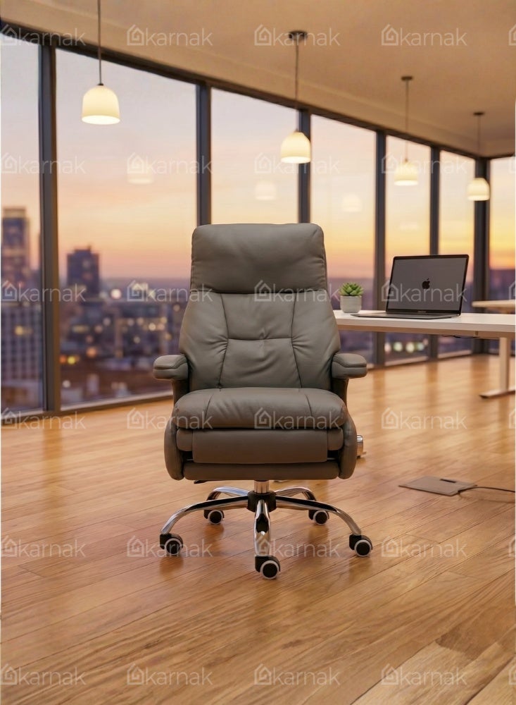 Karnak Malaya Executive Electric Boss Chair | Comfortable Leather Ergonomic Office Recliner with Swivel Rolling Adjustable Headrest, Footrest and Lumbar Support for Office (Grey) - Image 4