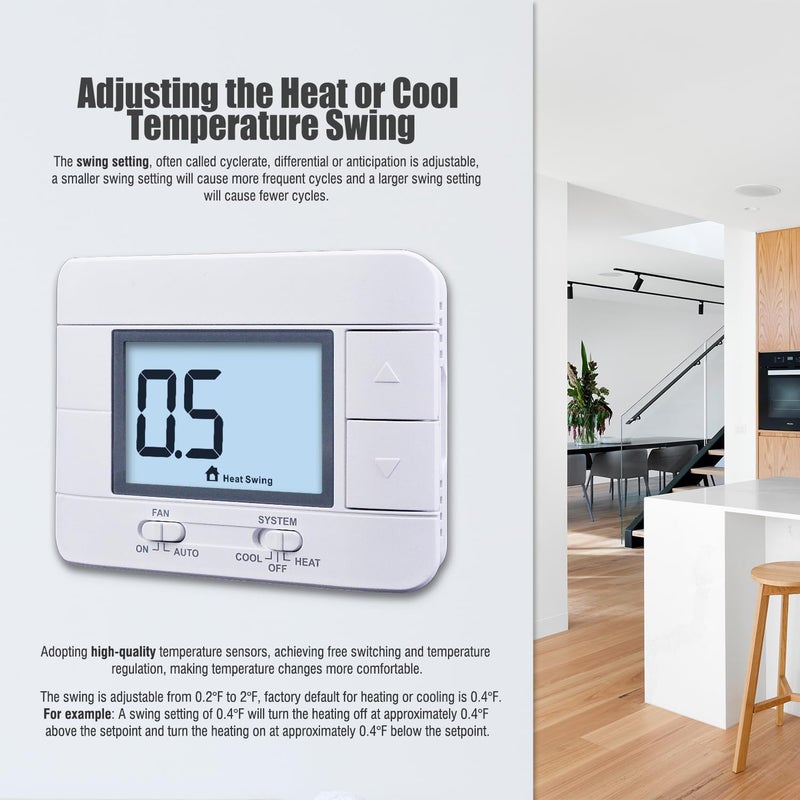 Aowel Non Programmable Thermostat for Home 2 Heat 2 Cool Multistage System, with Room Temperature & Humidity Monitor (LCD White Backlit Screen) - Image 4
