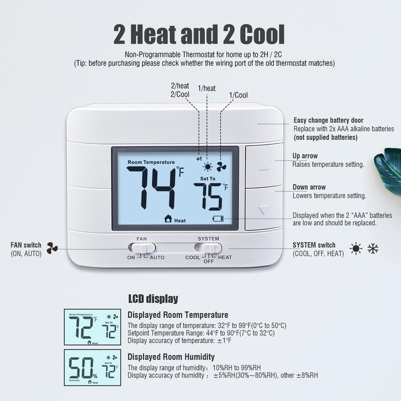 Aowel Non Programmable Thermostat for Home 2 Heat 2 Cool Multistage System, with Room Temperature & Humidity Monitor (LCD White Backlit Screen) - Image 3