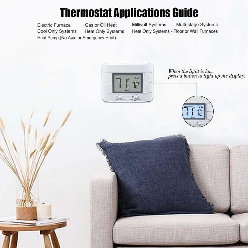 Aowel Non Programmable Thermostat for Home 2 Heat 2 Cool Multistage System, with Room Temperature & Humidity Monitor (LCD White Backlit Screen) - Image 2