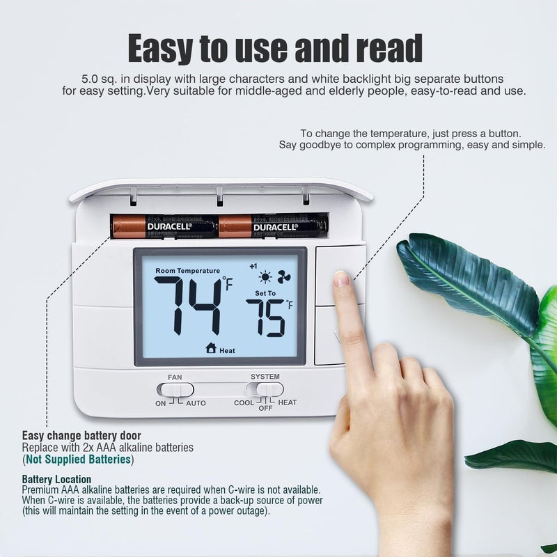 Aowel Non Programmable Thermostat for Home 2 Heat 2 Cool Multistage System, with Room Temperature & Humidity Monitor (LCD White Backlit Screen) - Image 5