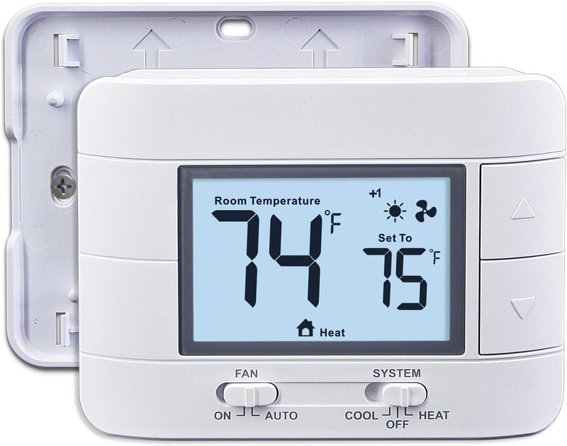 Aowel Non Programmable Thermostat for Home 2 Heat 2 Cool Multistage System, with Room Temperature & Humidity Monitor (LCD White Backlit Screen) - Image 1