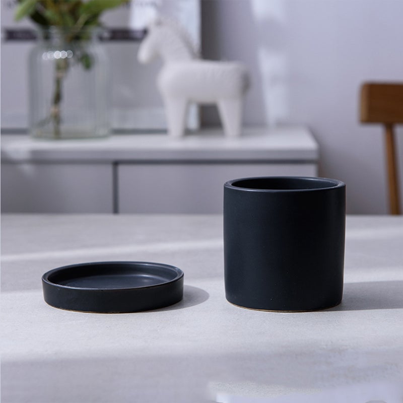 1 Set Mini Ceramic Pots Small Fleshy Pots Flower Planter Garden Decorations Outdoor Decor With Plate For (L Size, Black) - Image 1