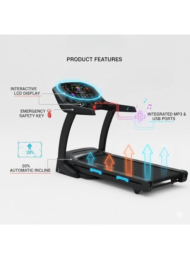 Marshal Fitness 8HP AC Home Treadmill – 20% Auto Incline Running Machine with LCD Display, 1–20 km/h Speed, Compact Fitness Equipment - Image 3