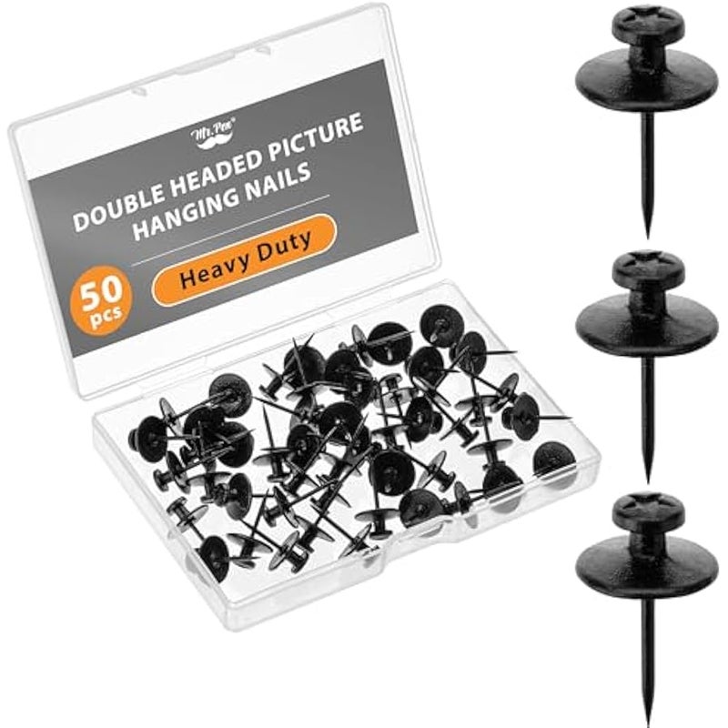 - Double Headed Picture Hanging Nails, 50 Pack, Black, Push Pins for Wall - Image 1