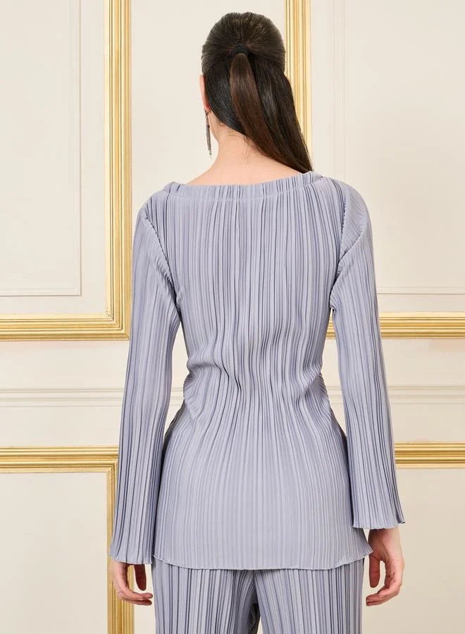Styli Pleated Flared Sleeves Tunic Top with Front Tie Up