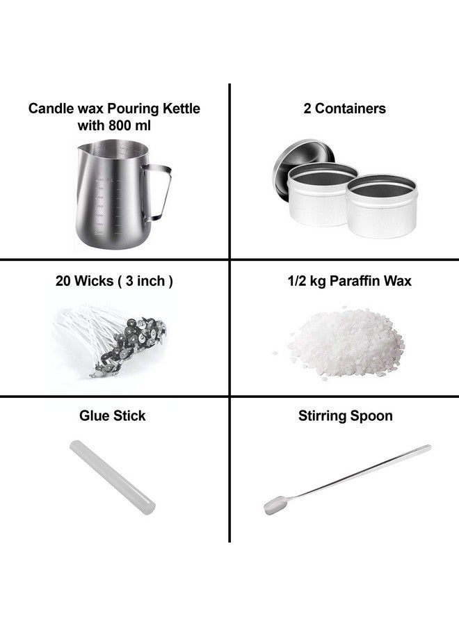 AURA DECOR AuraDecor Candle Making Kit for DIY Projects, (Includes 1 Wax Pouring Kettle (800 ml), 1/2 Kg Paraffin Wax, 20 Wick (3 inch), 1 Glue Stick, 1 Stirring Spoon & 2 Containers, Silver) - Image 3