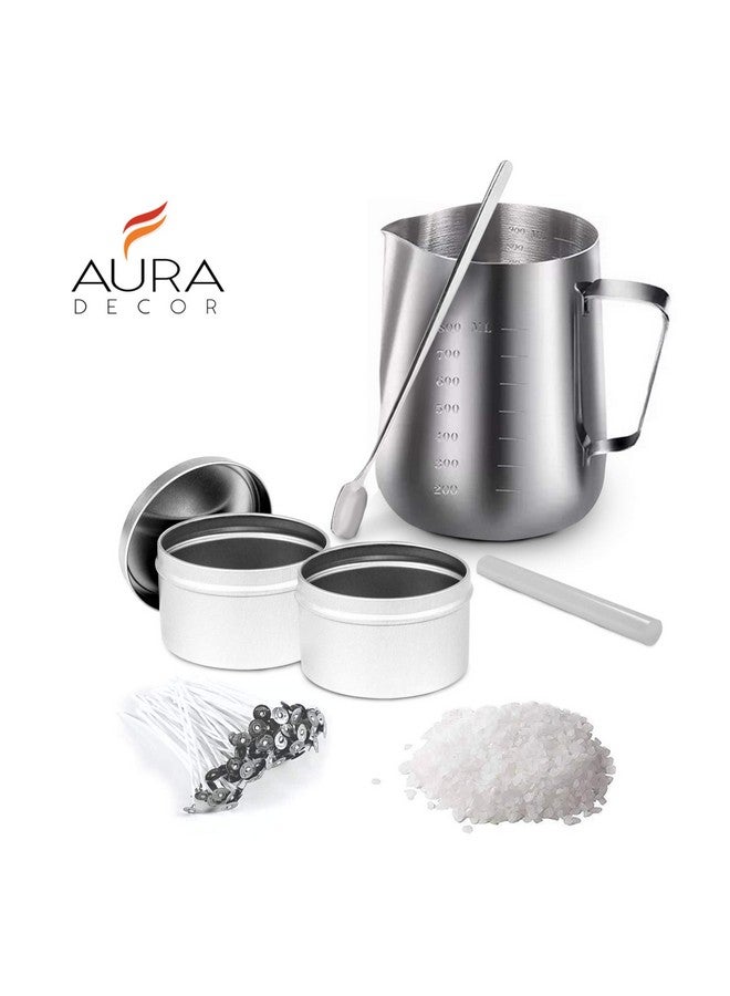 AURA DECOR AuraDecor Candle Making Kit for DIY Projects, (Includes 1 Wax Pouring Kettle (800 ml), 1/2 Kg Paraffin Wax, 20 Wick (3 inch), 1 Glue Stick, 1 Stirring Spoon & 2 Containers, Silver) - Image 2