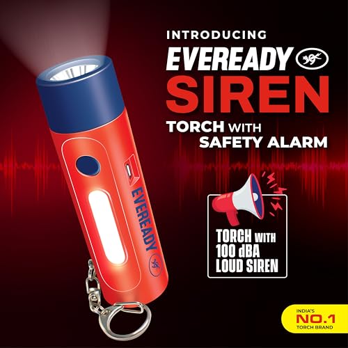 Eveready Siren DL102 Rechargeable LED Torch with 100 Decibels (dBA) Personal Safety Alarm - for Women, Kids & Elderly | 1W Torch, 1W Sidelight, Flasher, Keychain, USB Type B Fast Charging - Image 2