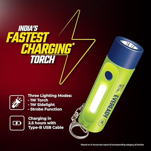 Eveready Siren DL102 Rechargeable LED Torch with 100 Decibels (dBA) Personal Safety Alarm - for Women, Kids & Elderly | 1W Torch, 1W Sidelight, Flasher, Keychain, USB Type B Fast Charging - Image 3