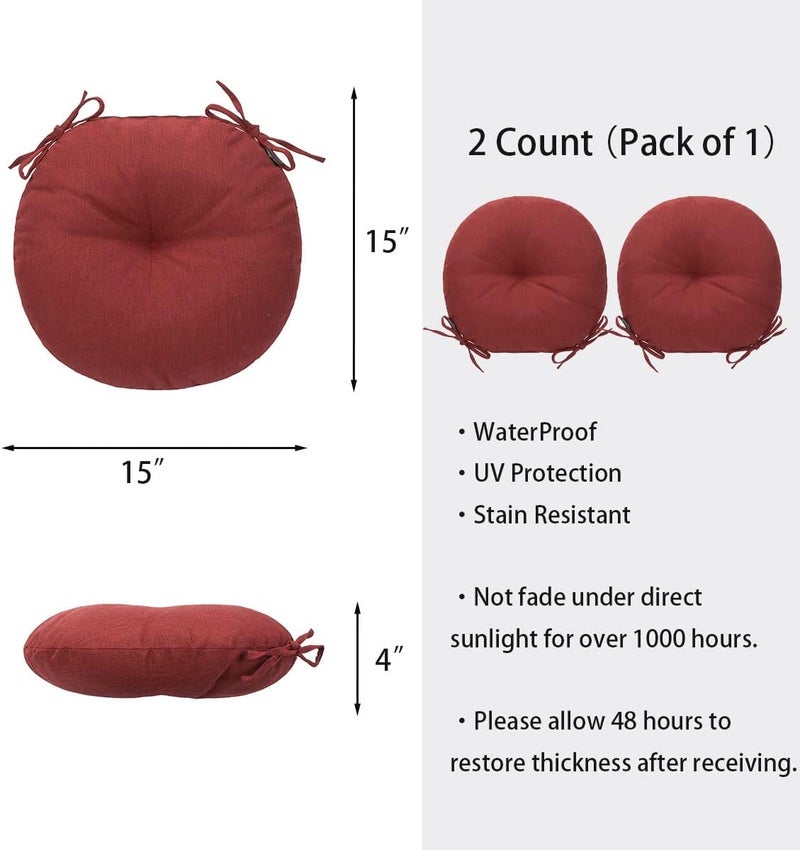 FUNHOME Bistro Chair Cushions 15 inch,Set of 2,Tufted Round Chair Cushions with Ties,15"x15"x4",Water Resistant Round Seat Cushion for Barstool Chairs,Patio Garden Kitchen Outdoor Furniture(Dark Red) - Image 5