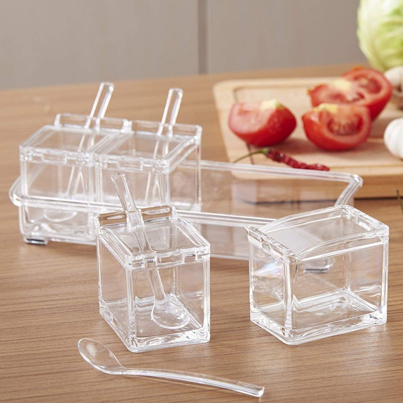 PREMVATI PREMVATI Clear Seasoning Rack Spice Pots 4 Piece Acrylic Seasoning Box Storage Container Condiment Jars Cruet with Cover and Spoon  - Image 3