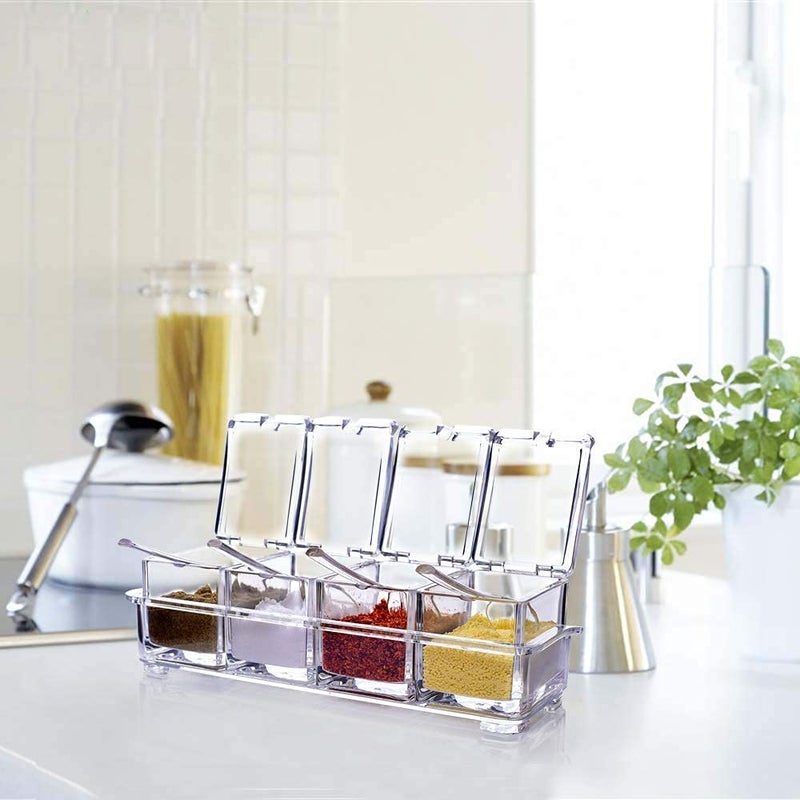 PREMVATI PREMVATI Clear Seasoning Rack Spice Pots 4 Piece Acrylic Seasoning Box Storage Container Condiment Jars Cruet with Cover and Spoon  - Image 2
