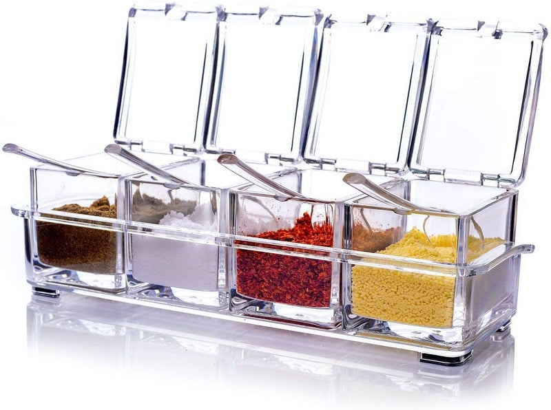PREMVATI PREMVATI Clear Seasoning Rack Spice Pots 4 Piece Acrylic Seasoning Box Storage Container Condiment Jars Cruet with Cover and Spoon  - Image 1