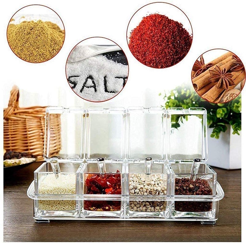 PREMVATI PREMVATI Clear Seasoning Rack Spice Pots 4 Piece Acrylic Seasoning Box Storage Container Condiment Jars Cruet with Cover and Spoon  - Image 5