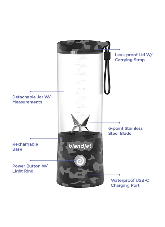 بليندجيت V2 Portable Blender Smoothie Maker, Personal Blender, Fruit Blender, Leak Proof Juicer, BPA-Free 475ml 200W Sports Bottle, USB-C Rechargeable, Ice Crusher with Stainless Steel Blades - Urban Camo