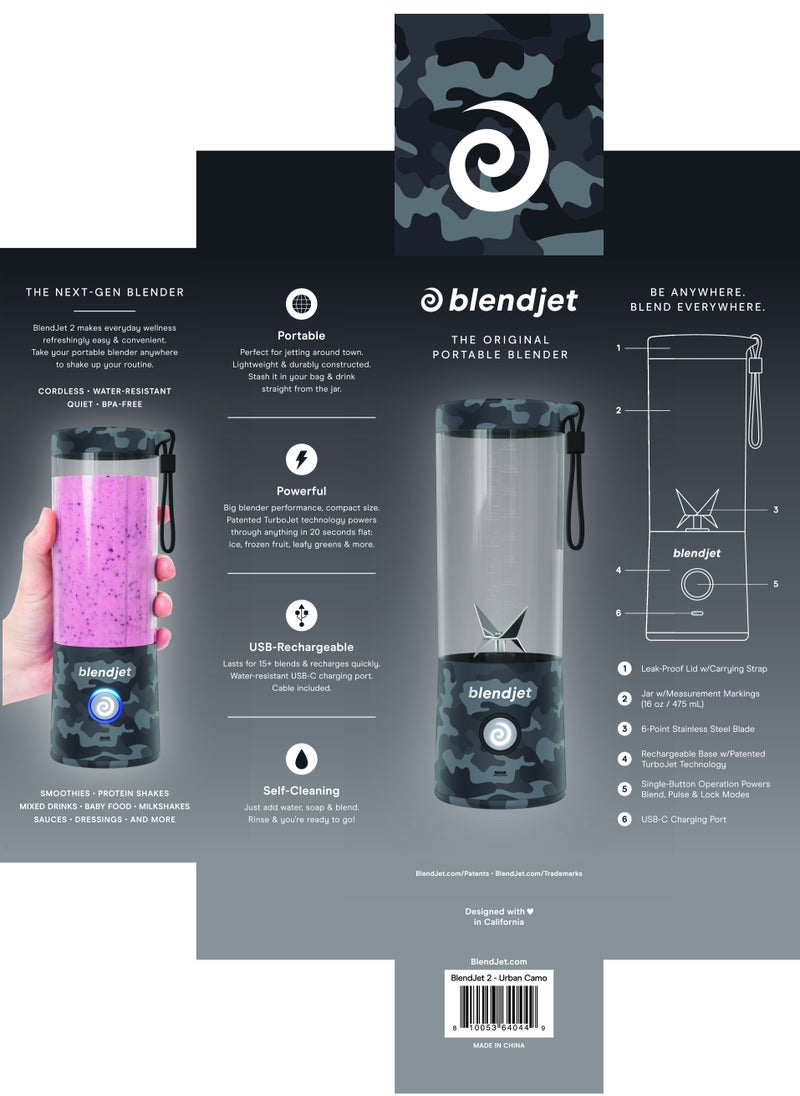 blendjet - صانع العصائر المحمول V2، خلاط شخصي، خلاط فواكه، عصارة مانعة للتسرب، زجاجة رياضية 475 مل 200 وات خالية من BPA، قابلة لإعادة الشحن عبر USB-C، كسارة ثلج بشفرات من الفولاذ المقاوم للصدأ - كامو حضري - Image 1