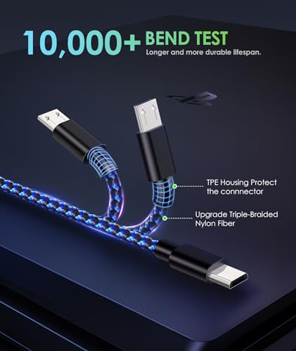 6amLifestyle شاحن وحدة التحكم PS4 من 6amLifestyle وكابل شحن، عبوة 2، كابل ميكرو USB 2.0 بطول 10 أقدام، سلك مضفر من النايلون، لوحدات التحكم PS4 و PS4 Slim/Pro و Xbox One S/X، هواتف أندرويد، أسود+أزرق - Image 3
